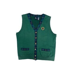 Vtg Lizsport Golf Preppy Tennis Sweater Vest V Neck Button Up Plaid Green/Blue L